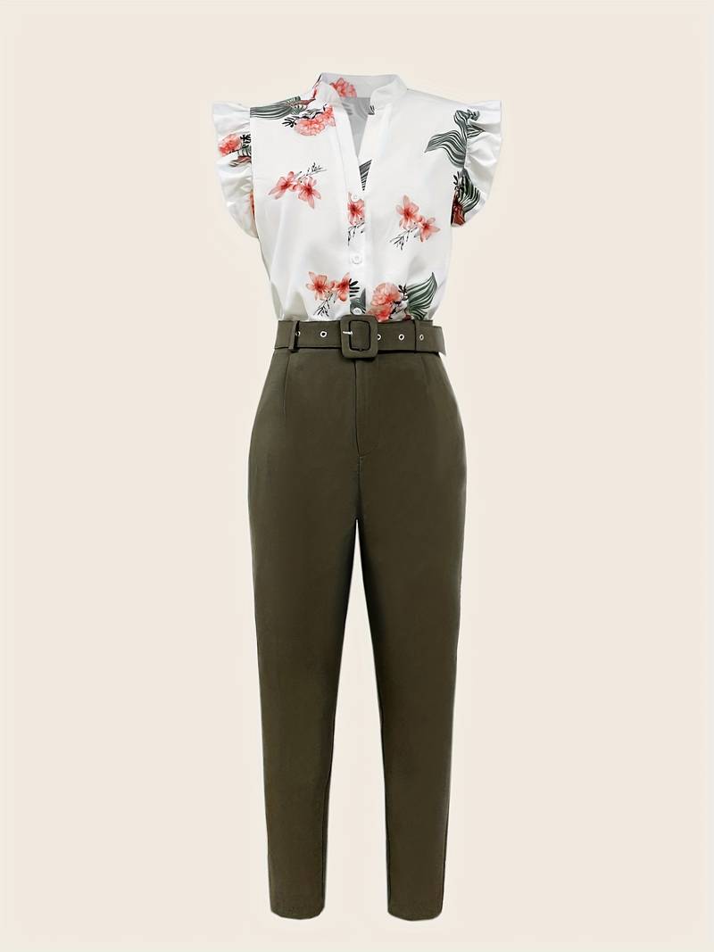 Rachael - Women's Two-Piece Set Floral Print Top & Elegant Pants