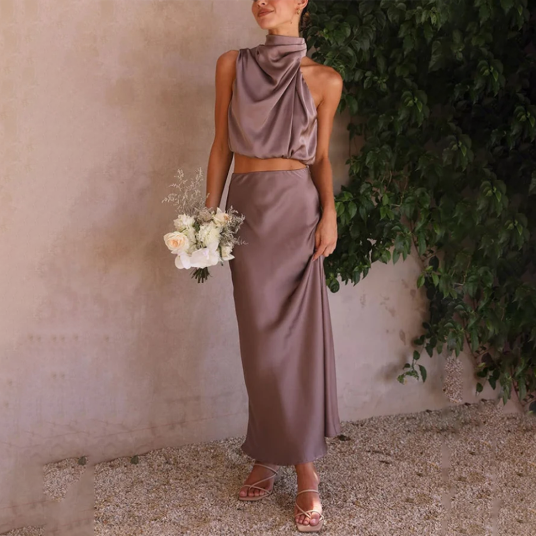 Quinn - Opulent Satin Two-Piece Flowing Maxi Skirt & Sleek Top