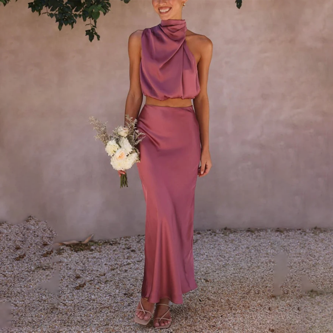 Quinn - Opulent Satin Two-Piece Flowing Maxi Skirt & Sleek Top