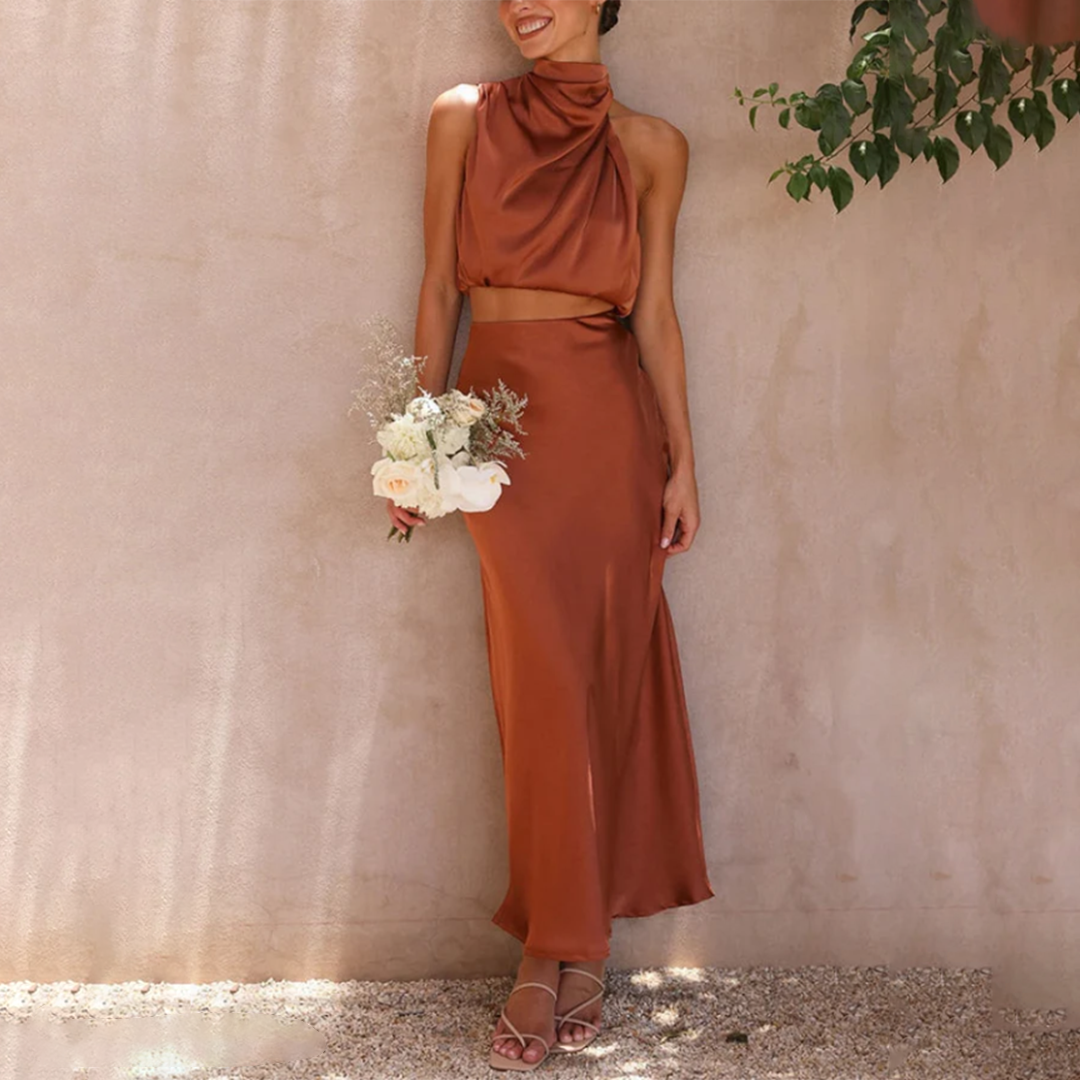 Quinn - Opulent Satin Two-Piece Flowing Maxi Skirt & Sleek Top